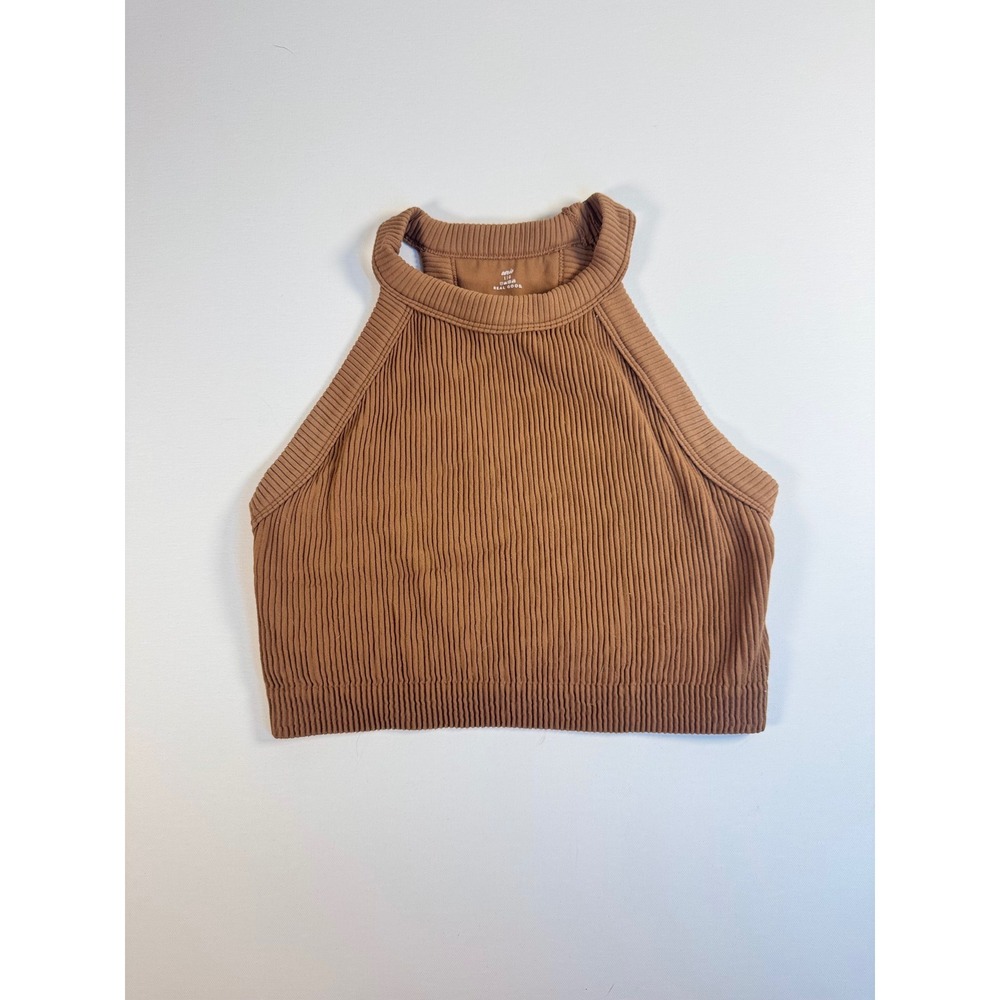 Aerie Real Good Ribbed High Neck Halter Tank Top Brown Seamless Crop S/M